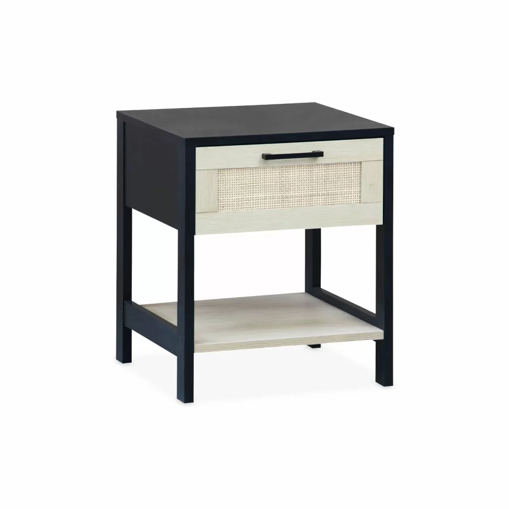 MESA DE NOCHE COLOR NEGRO PUERTA EN RATTAN