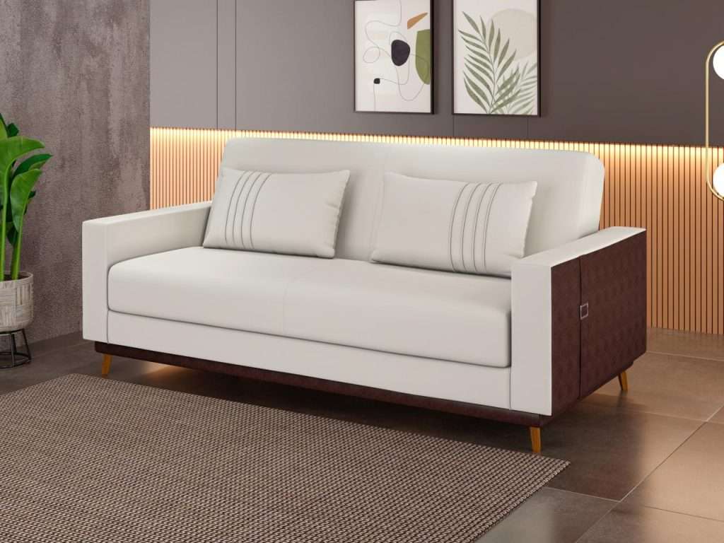 SOFA CAMA MX ESTHER BASE REVESTIDA  LEATHER MARRON OFF WHITE
