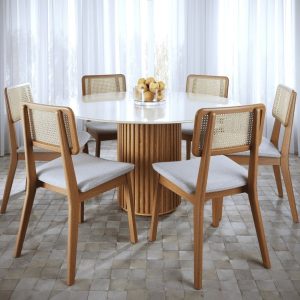 MESA DE COMEDOR LIVING 1.20 VIDRIO REDONDO OFF WHITE/CINAMOMO