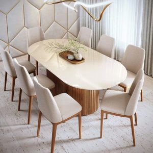 MESA LIVING 1.8 VIDRO OVAL OFF WHITE/ CINAMOMO