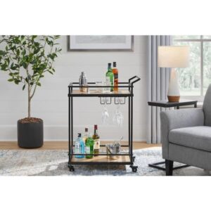 MINI BAR STYLE WELL BLACK METAL BAR CART WITH NATURAL WOOD SHELVES 26...